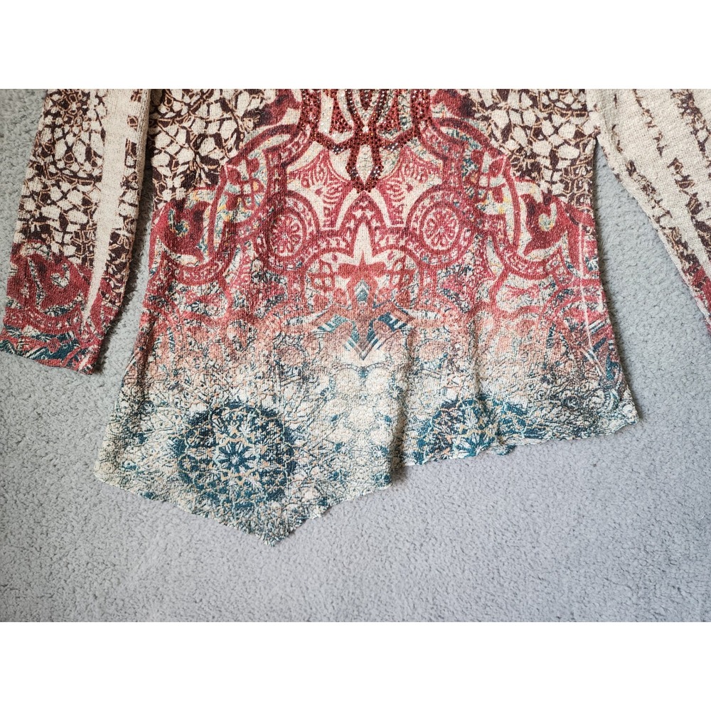 Reba Top Women XL Red Multi Paisley Rhinestone Asymmetrical Hem Long Sleeve - Picture 4 of 13
